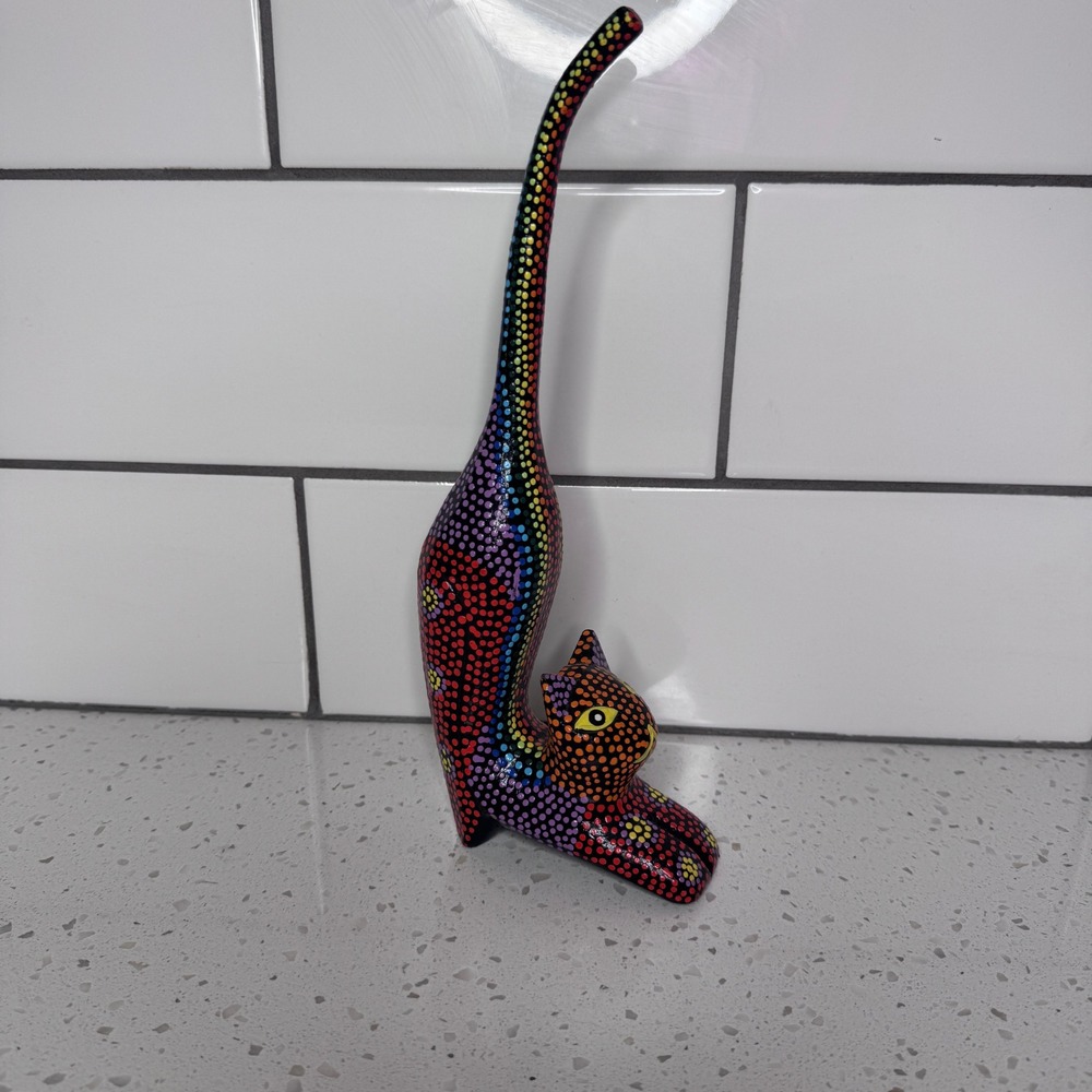 Mexican Folk Art Alebrije Hand Painted Wood Cat Figurine Rainbow Dot Pattern 10"